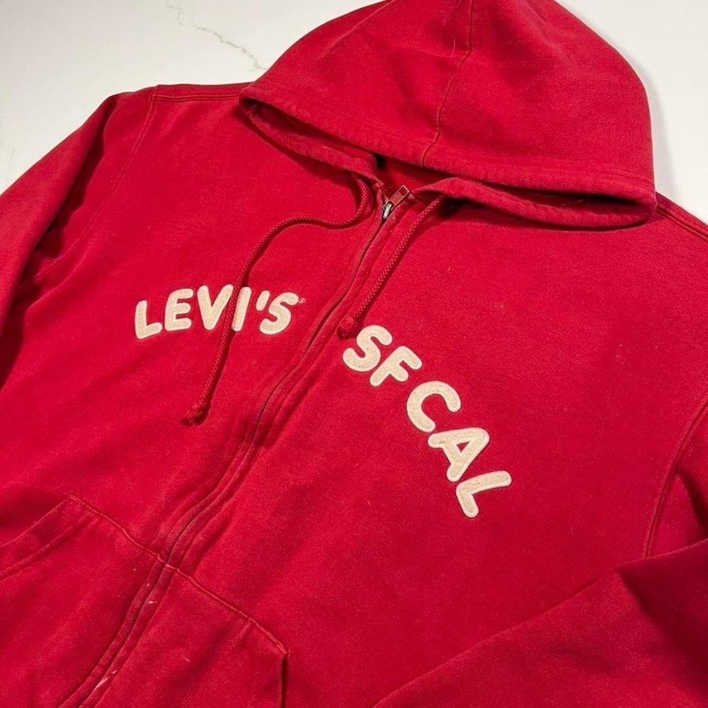 Levi's Zip Up Hoodie Mens Large Red SF CAL Spellout Graphic Sweatshirt